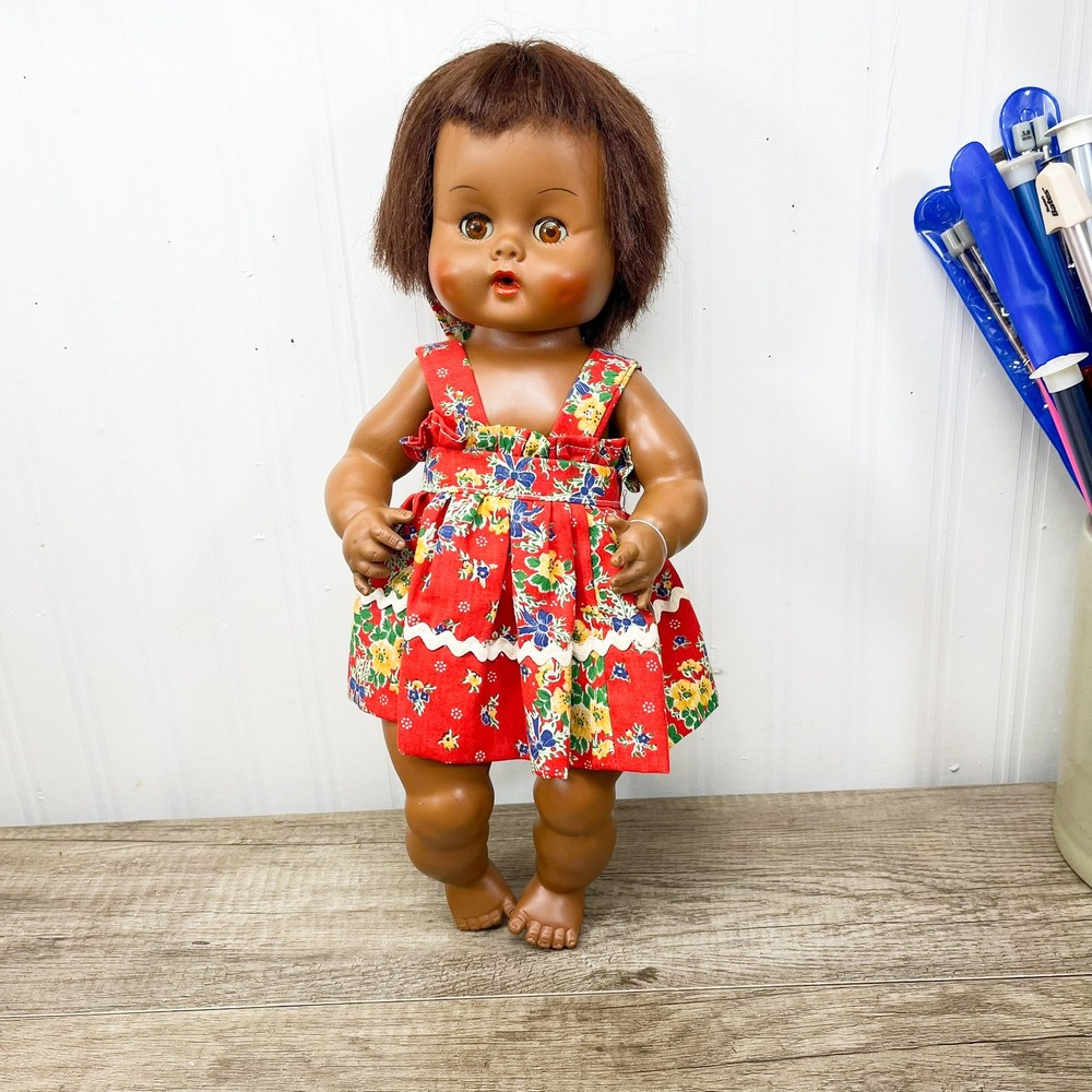 Vintage Vogue Doll Black Baby Doll Red Floral Dress Sleep Eyes 12 Inch 1960s